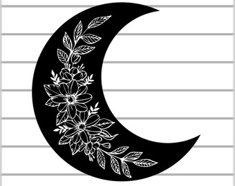May include: Black and white silhouette of a crescent moon with a floral design. The floral design features leaves and flowers.