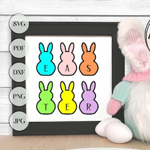May include: A digital download of six Easter bunny cut files, each with a different color and letter spelling out the word "Easter". The files are available in SVG, PDF, DXF, PNG, and JPG formats. The image also includes a gnome wearing a pink hat and a white beard.