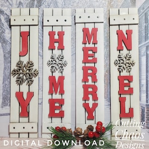 May include: Four wooden signs with red letters spelling out "J O Y" and "M E R R Y" with a snowflake design on each sign. The signs are on a white background with a pine branch and red berries.