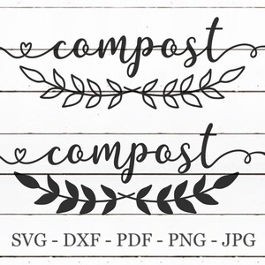 May include: Black and white digital design featuring the word "compost" in a cursive font with a heart and leafy branches on either side. The word "compost" appears twice in the design.