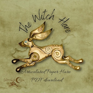 The Witch Hare. Articulated Paper hare. Art doll. Wiccan. Pagan. Folk. Magic. Original Art Print. Witchcraft. Goddess. Digital. Rabbit. Moon