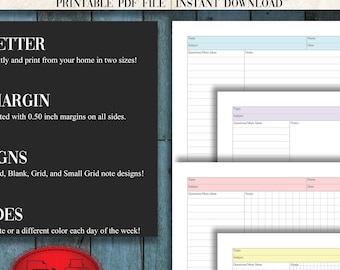Cornell Note System Printable Bundle – 8 Colors & 4 Layouts