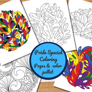 以下が含まれることがあります： さまざまなデザインの塗り絵のコレクション。カラフルな円形パターンや、葉や抽象的な形の線画イラストが含まれています。「Pride Special Coloring Pages & color pallet」というテキストが青い円の中にあります。