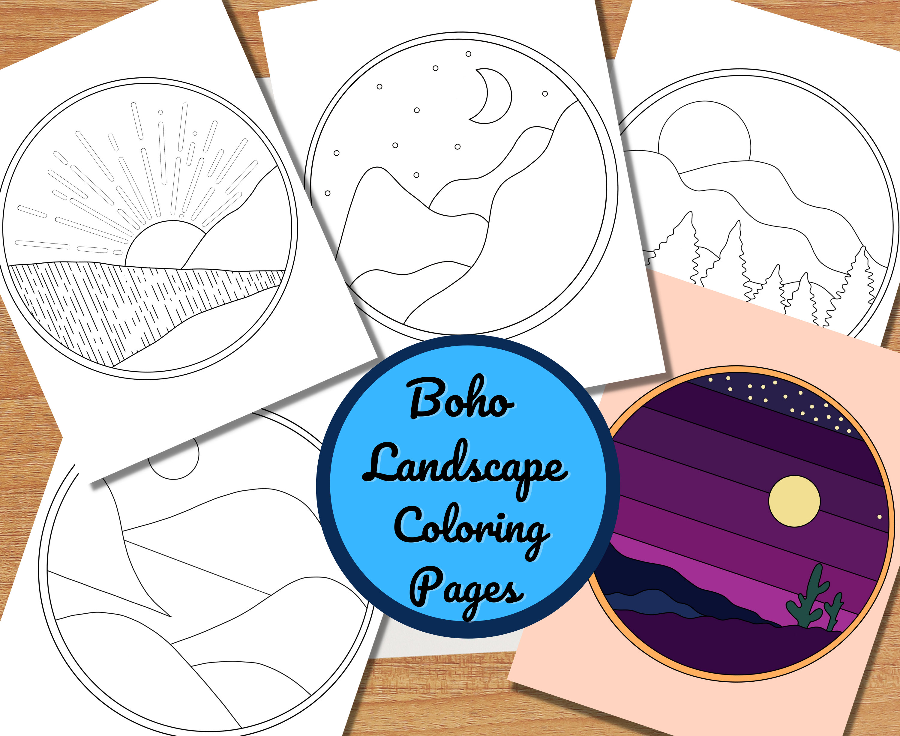 Boho Landscape Coloring Pages for Kids and Adults, Boho DIY Wall Art ...