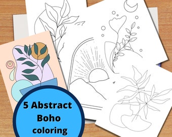 5 Boho Coloring Pages, Abstract Boho DIY Wall Art, Printable Minimal Coloring Sheets, Abstract Mindful Activity, Boho Outline Coloring pdf