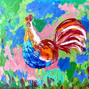 Rooster Original Artwork Rural Acrylic Oil Painting Colorful 8 by 8&quot;