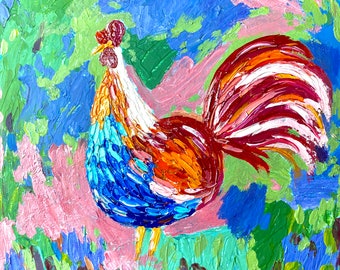 Rooster Original Artwork Rural Acrylic Oil Painting Colorful 8 by 8&quot;