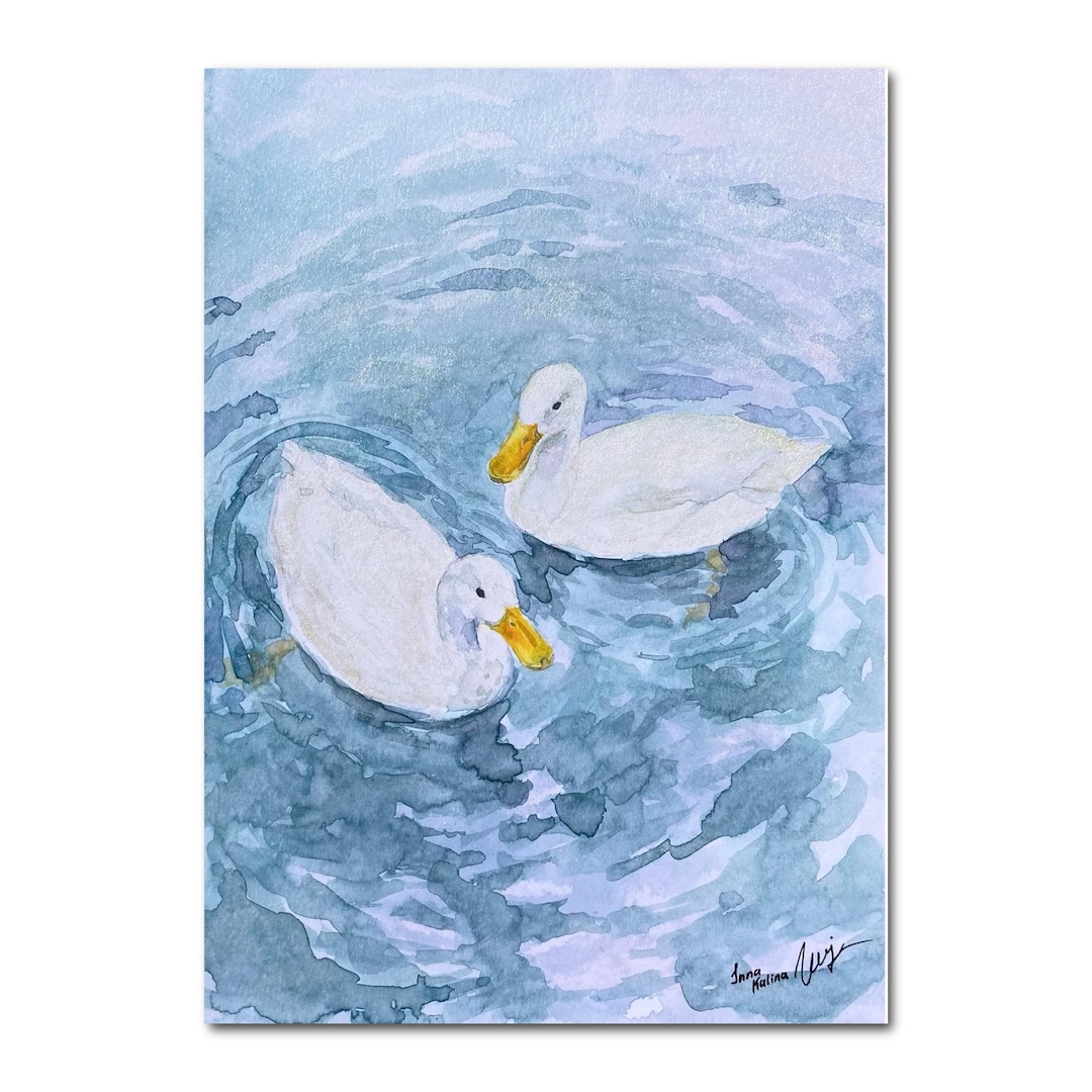 Couple Of White Ducks In Water Original Hand Painted Watercolor couple-of-white-ducks-in-water-original-hand-painted-watercolor