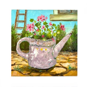Flower Watering Can Original Oil Painting - 6 x 6"