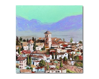 Granada Spain Cityscape Oil Painting: Palette Knife Art (8x8)