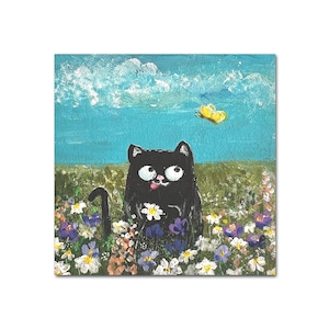Curious Cat and the Butterfly – Summer Meadow Mini Art  Painting on Cardboard 4x4