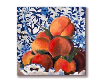 Peaches Still Life - Original 6×6 Oil Painting on Canvas, Mini Fruit Art, Kitchen Decor
