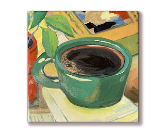 May include: A green ceramic mug filled with dark coffee, set on a white surface. The mug has a rounded handle and is positioned in front of a colorful background. The image is a painting.