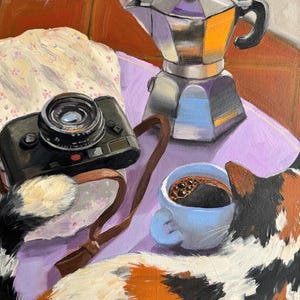 Cat Coffee Moka pot Photo camera Original Painting on Canvas 12 by 16"