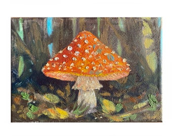 Fly Agaric Mushroom Original Oil Painting on Small Canvas 6" x 8.5"