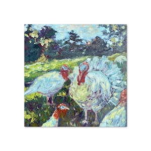 Replica Monet Turkeys – Impressionist Style Original Oil Painting on Panel – Farmhouse Art, Country Kitchen Decor, 8x8 Inch