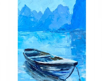 山の湖の風景を描いたオリジナル水彩画、ボート風景画 - Etsy 日本