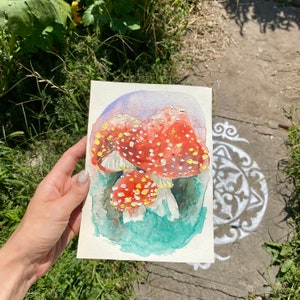 Amanita Mushroom Hand Painted Watercolor Painting 6&quot; x 8&quot;