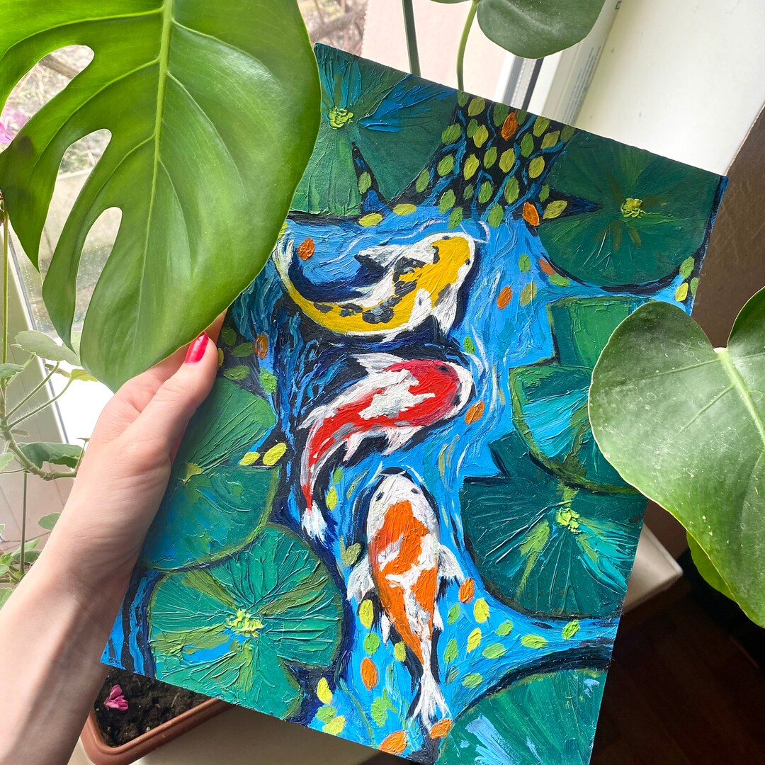Koi Fish and Water Lilies - Original Oil Painting - Etsy Israel