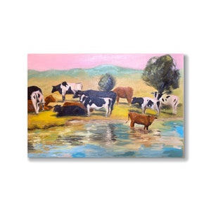 Countryside Oil Original Painting 16 by 24&quot;, Herd of Cows Art for Rural Style, Highland cow painting, Home Wall Decor