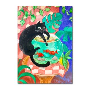Black Cat Hand Painted Original Watercolor Painting Artwork 6 by 8"