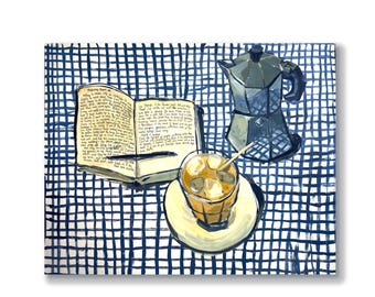 Morning Coffee & Journal – Original Acrylic Painting on Paper, 23” x 28” – Cozy Kitchen Art by Inna Kalina