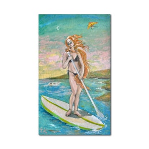 Venus Botticelli Paddleboarding Original Oil Painting 6x10&quot; one of a kind artwork