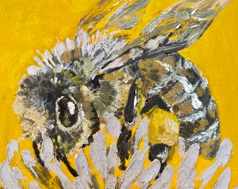 Bee Flower Honey Original Art Gold Oil Painting 8 by 8"