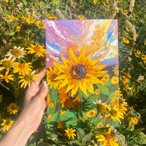 Field of Sunflowers, Original Oil Painting, Colorful Sky Artwork, 11.5" x 7.5"