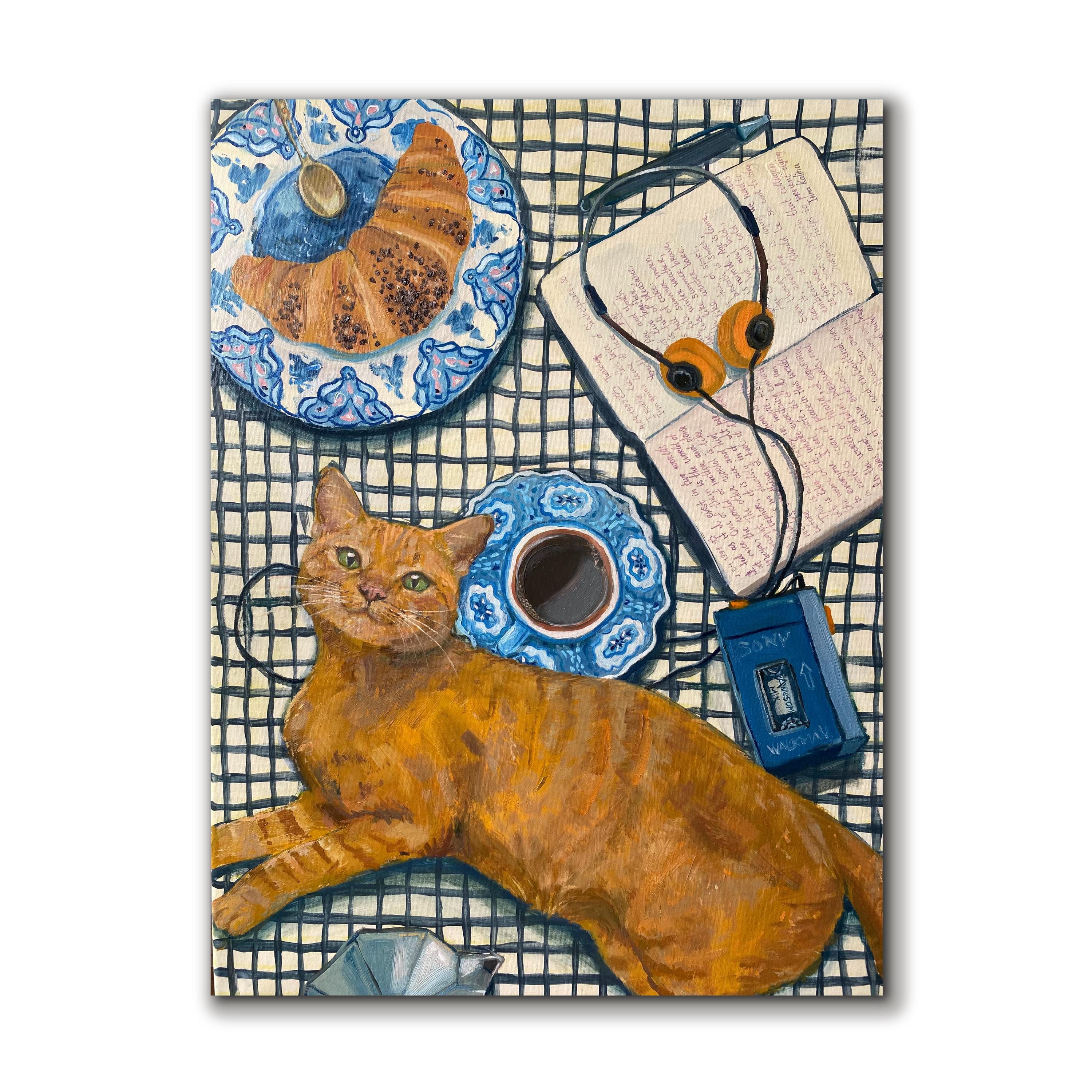 Slow Morning with Cat and Coffee – Original Oil Painting on Canvas, Breakfast Still Life 20 x 28 in