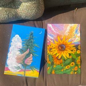 Marijuana and Sunflower Painting Oil Artwork Diptych 12" x 8".