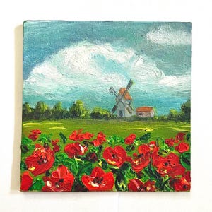 Charming Windmill in Poppy Fields - Miniature Oil Painting on Cardboard 4x4