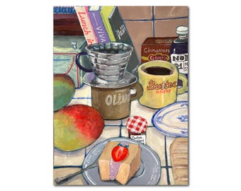 Whimsical Kitchen Still Life Painting: Coffee, Cake & Books - A4 Original Artwork