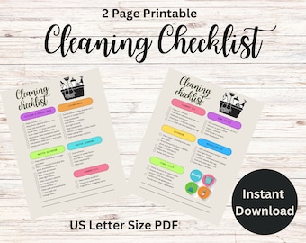 Puede incluir: Una lista de verificación de limpieza imprimible de dos páginas. La lista está dividida en categorías como cocina, baño, lavandería, oficina en casa y miscelánea. Cada categoría tiene una lista de tareas de limpieza con casillas de verificación. La lista de verificación está diseñada para papel de tamaño carta de EE. UU.