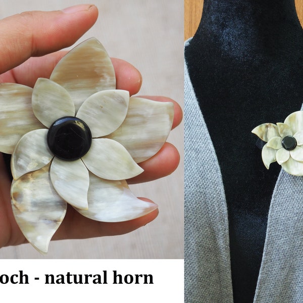 Natural Buffalo Horn Brooch White Flower F4B