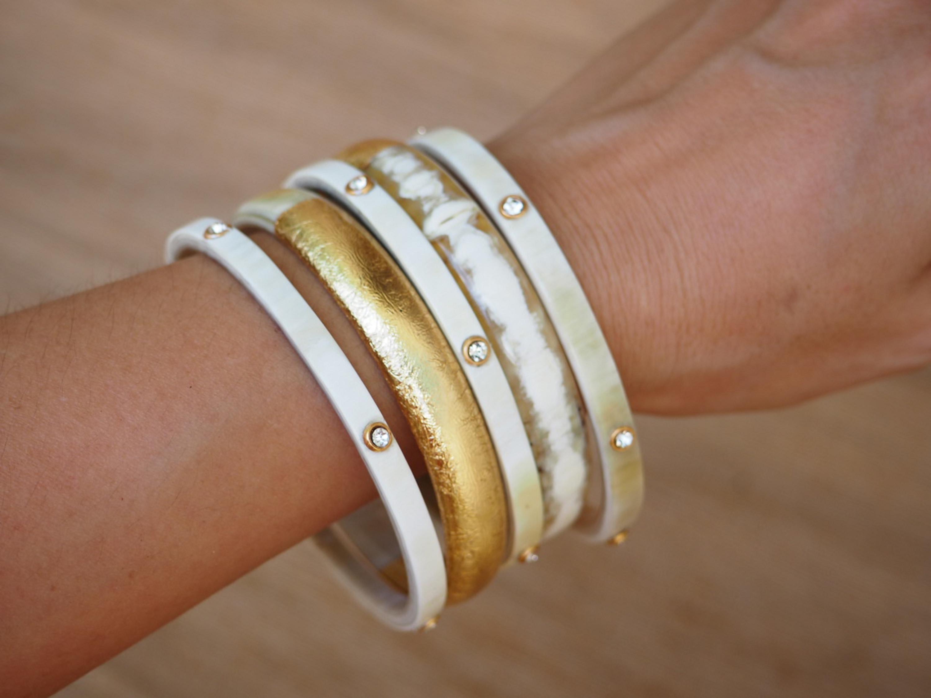 Natural Buffalo Horn Gold CZ Stones Bracelet Set 05 Bangles
