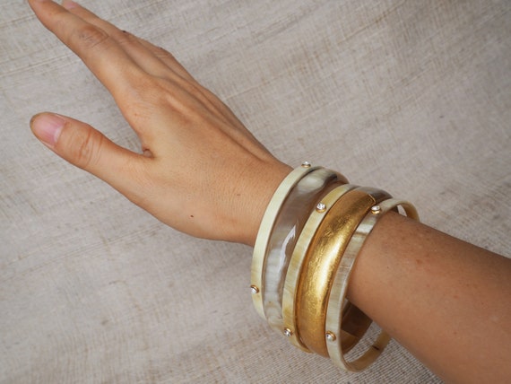 Natural Buffalo Horn Gold CZ Stones Bracelet Set 05 Bangles