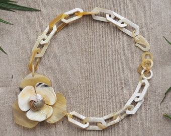 Natural Buffalo Horn Necklace Flower Bib Choker N16.3