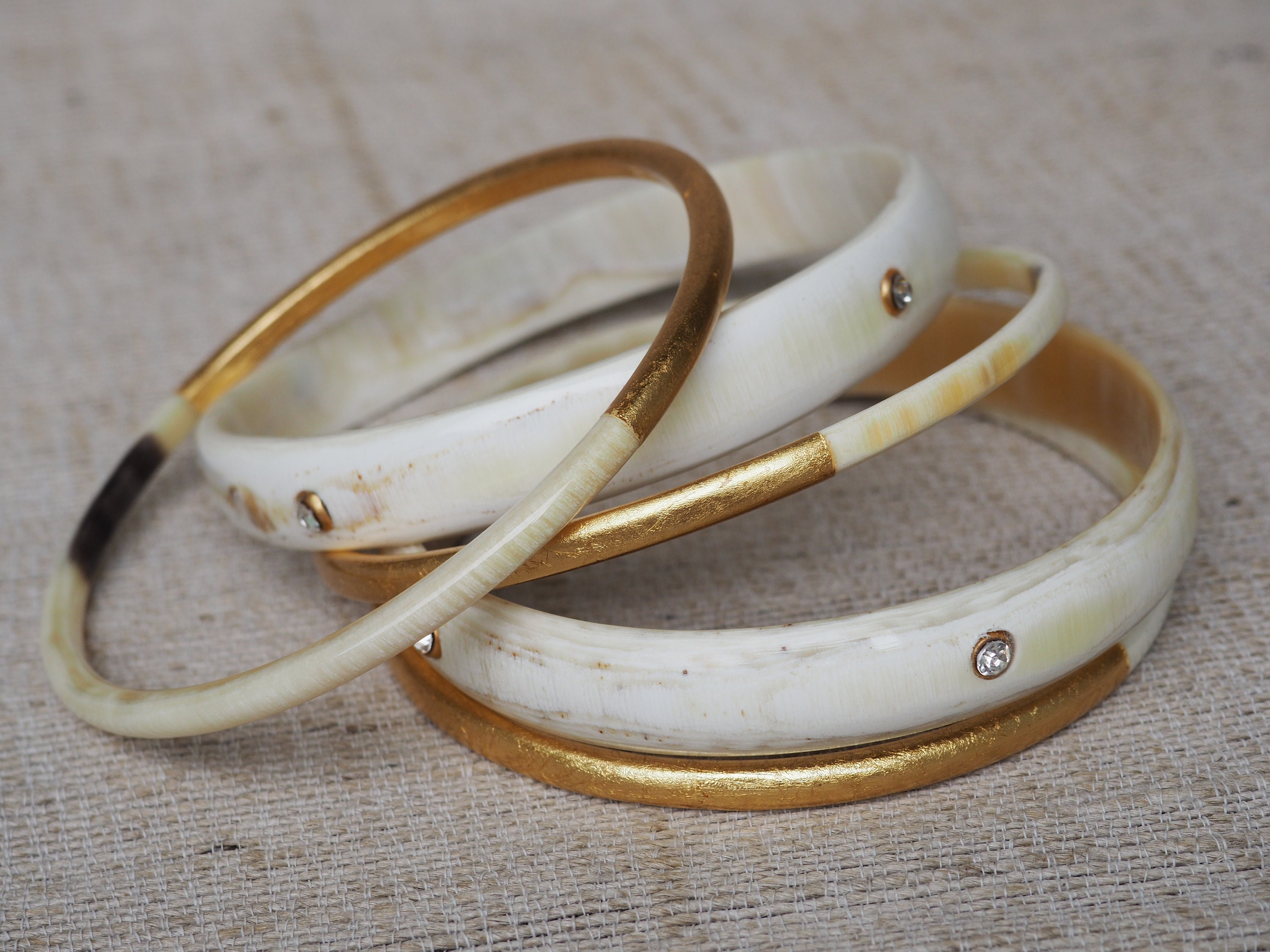 Natural Buffalo Horn Gold CZ Stones Bracelet Set 05 Bangles