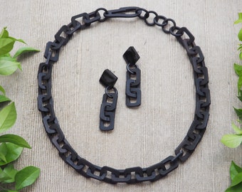 Matte Black Natural Buffalo Horn Jewelry Set Necklace Earrings /Chain Bracelet N4.5.10