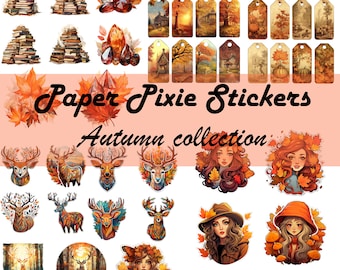 Beautiful AI generated autumn themed stickers and tags for digital journals, scrapbooking and cardmaking