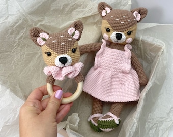 Baby deer gift set, crochet stuffed deer toy, crochet baby rattle, personalized newborn gift