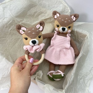 Baby deer gift set, crochet stuffed deer toy, crochet baby rattle, personalized newborn gift