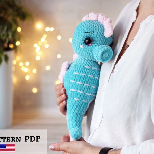 Crochet seahorse pattern, Hippocampus toy pattern, plush seahorse toy, crochet hippocampus, crochet amigurumi sea creatures pattern