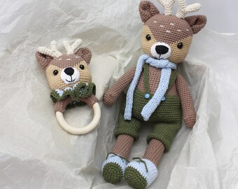 Baby boy deer set, Crochet baby deer rattle, Stuffed deer toy, handmade crochet toy