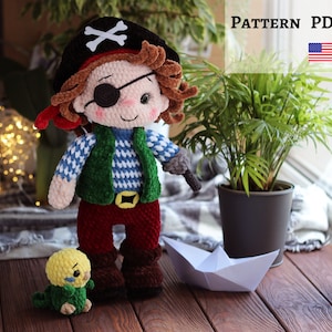Pirate with parrot crochet pattern. Almost no sew pattern. Crochet doll tutorial. Crochet parrot. Amigurumi doll.
