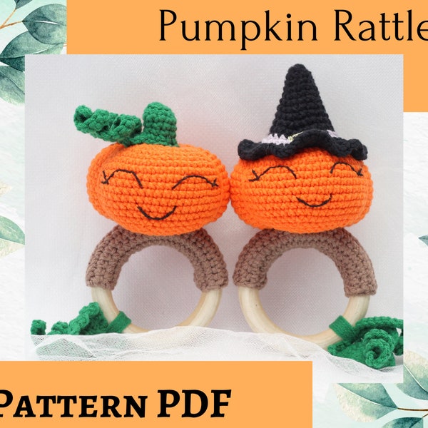 Crochet pumpkin rattle pattern, amigurumi pumpkin rattle, halloween crochet pattern,  crochet amigurumi pattern, halloween baby shower