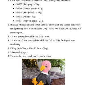 May include: A handmade plush vulture toy with a pink head, yellow beak, and dark grey body. The vulture has yellow feet and a white collar. The image also includes a list of recommended materials and tools for crocheting the toy.