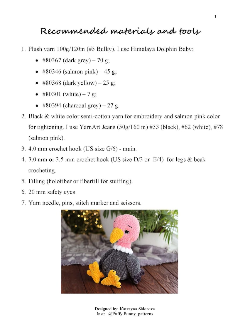 May include: A handmade plush vulture toy with a pink head, yellow beak, and dark grey body. The vulture has yellow feet and a white collar. The image also includes a list of recommended materials and tools for crocheting the toy.