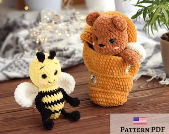 3in1 crochet pattern. Honey bear, bee and beehive hose. DIY tutorial. Stuffed bear pattern, amigurumi bee. Bear in beehive.